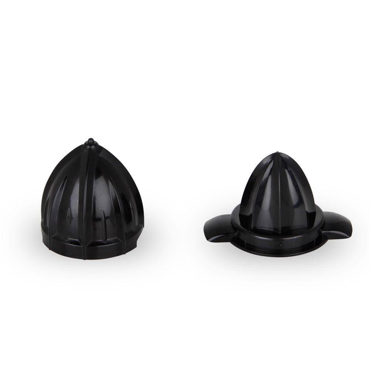 Dos accesorios de exprimidor negros sobre fondo blanco, piezas en forma de cono.