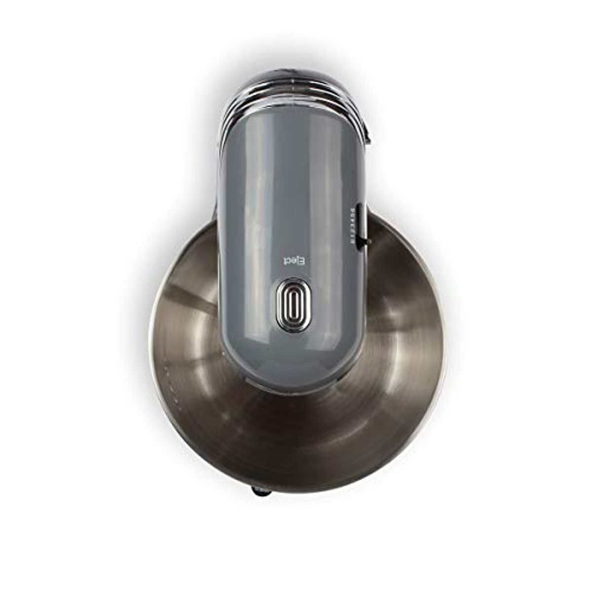Un mixer elettrico grigio con una ciotola in acciaio inossidabile, vista dall'alto.