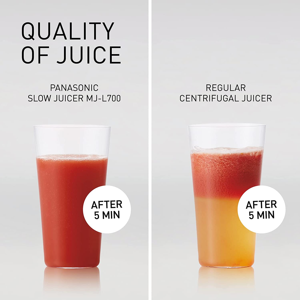Zwei Gläser Saft, eines klar und eines fruchtig, nach 5 Minuten.