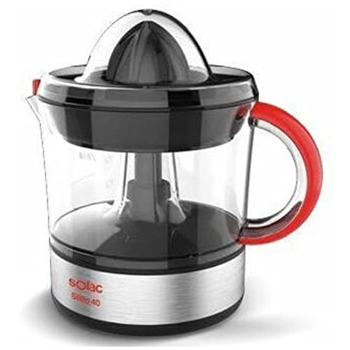 Centrifuga con contenitore trasparente e manico rosso. Marca Solac. Sfondo bianco.