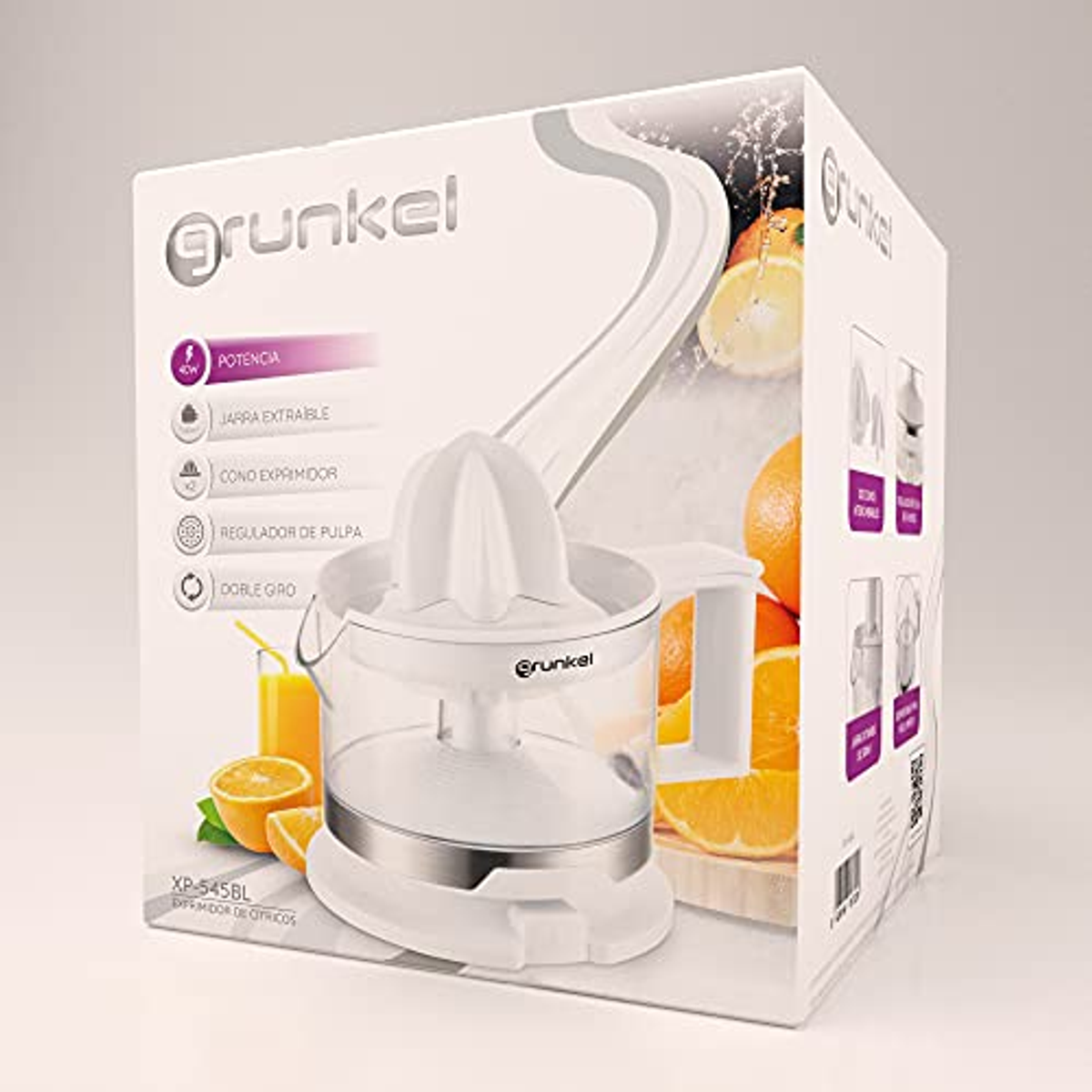 Spremiagrumi elettrico Grunkel in scatola, con immagini di frutta e succo.