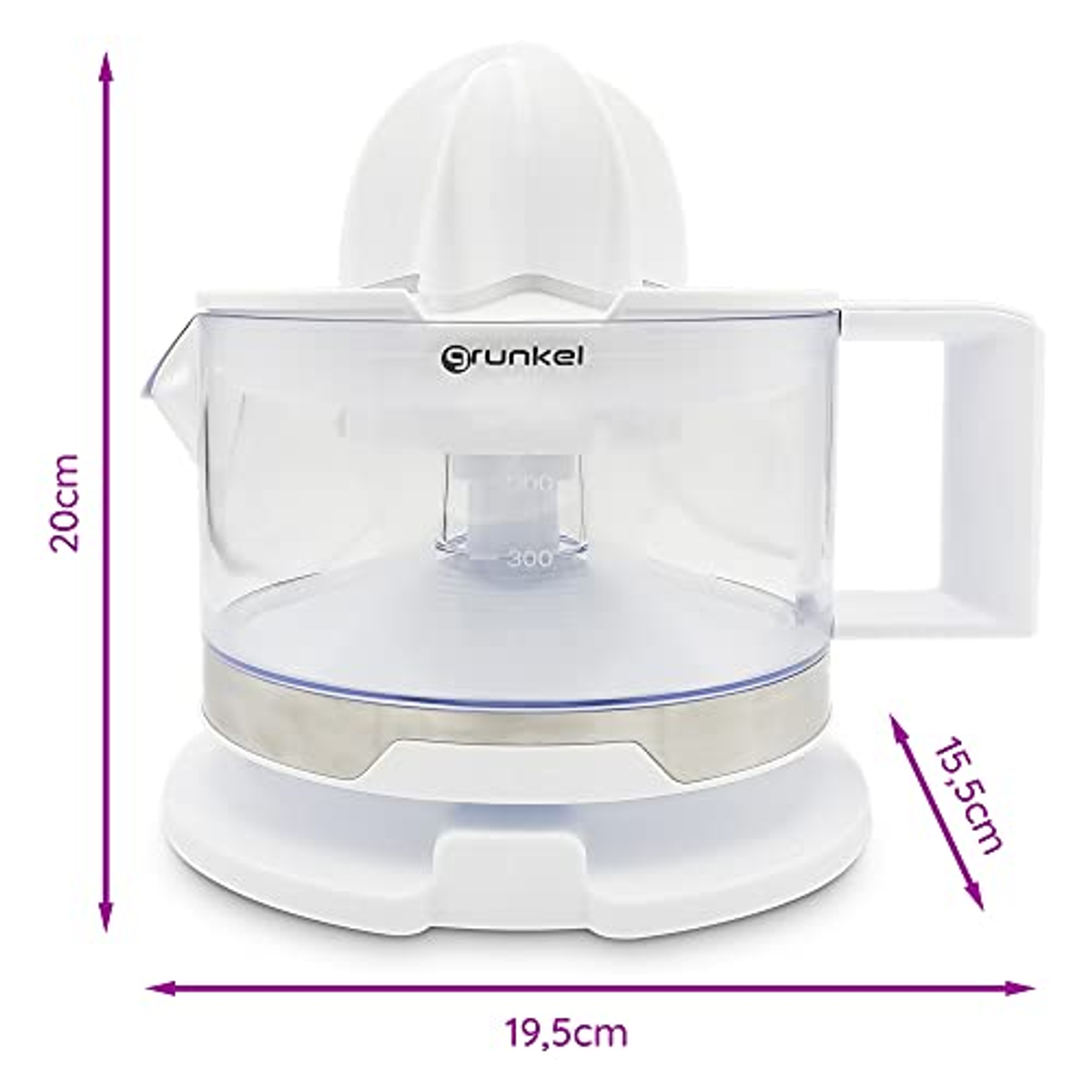 Spremiagrumi elettrico bianco con dimensioni in centimetri. Lo spremiagrumi è su una superficie bianca.