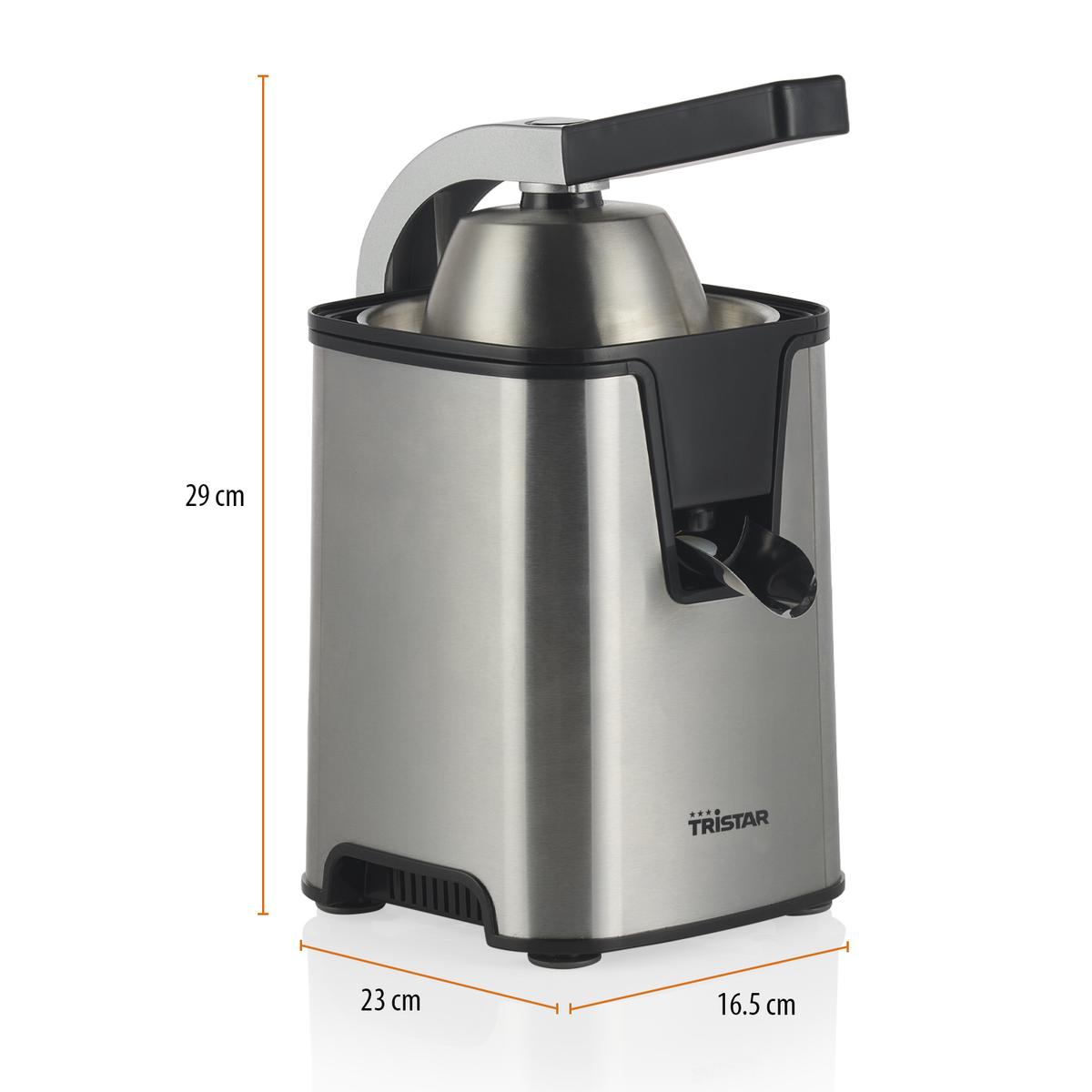 Spremiagrumi in acciaio inox con manico nero e dimensioni indicate. Misura 29 cm, 23 cm e 16,5 cm.