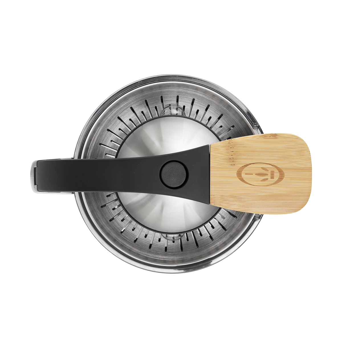 Widok z góry na wyciskarkę do cytrusów. Posiada czarny uchwyt i drewnianą część.