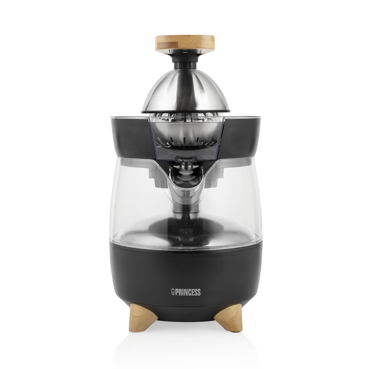 Wyciskarka do cytrusów z przezroczystym pojemnikiem, czarną podstawą i drewnianymi akcentami, na białym tle.