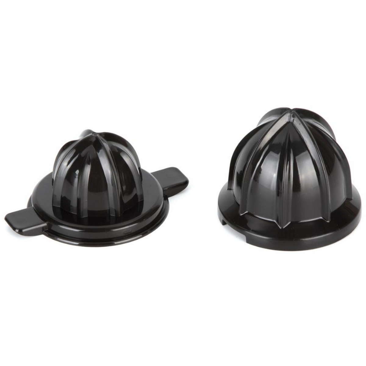 Zwei schwarze Entsafterteile: ein Reibahle mit Griff und ein Oberteil. Beide sind aus Kunststoff.