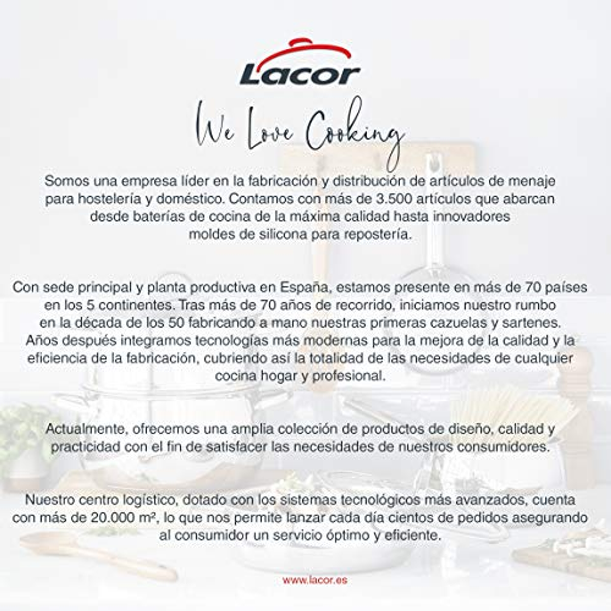 Annuncio testuale Lacor, che mostra prodotti per la cucina e la storia e la missione dell'azienda.