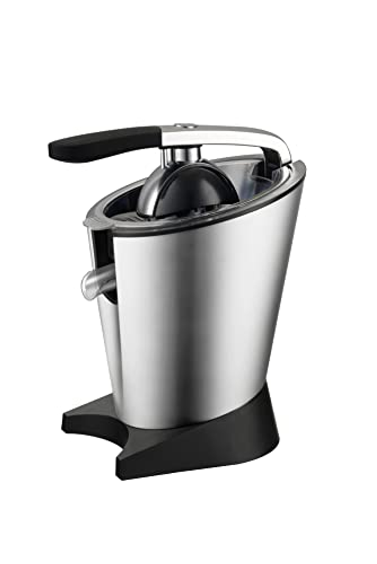 Spremiagrumi argento e nero. Ha una maniglia, un beccuccio e una base nera. Il design è elegante.