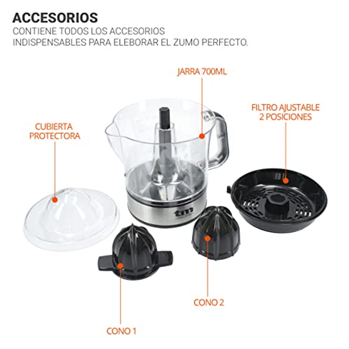 Accessori per spremiagrumi: caraffa, coni, coperchio e filtro regolabile.
