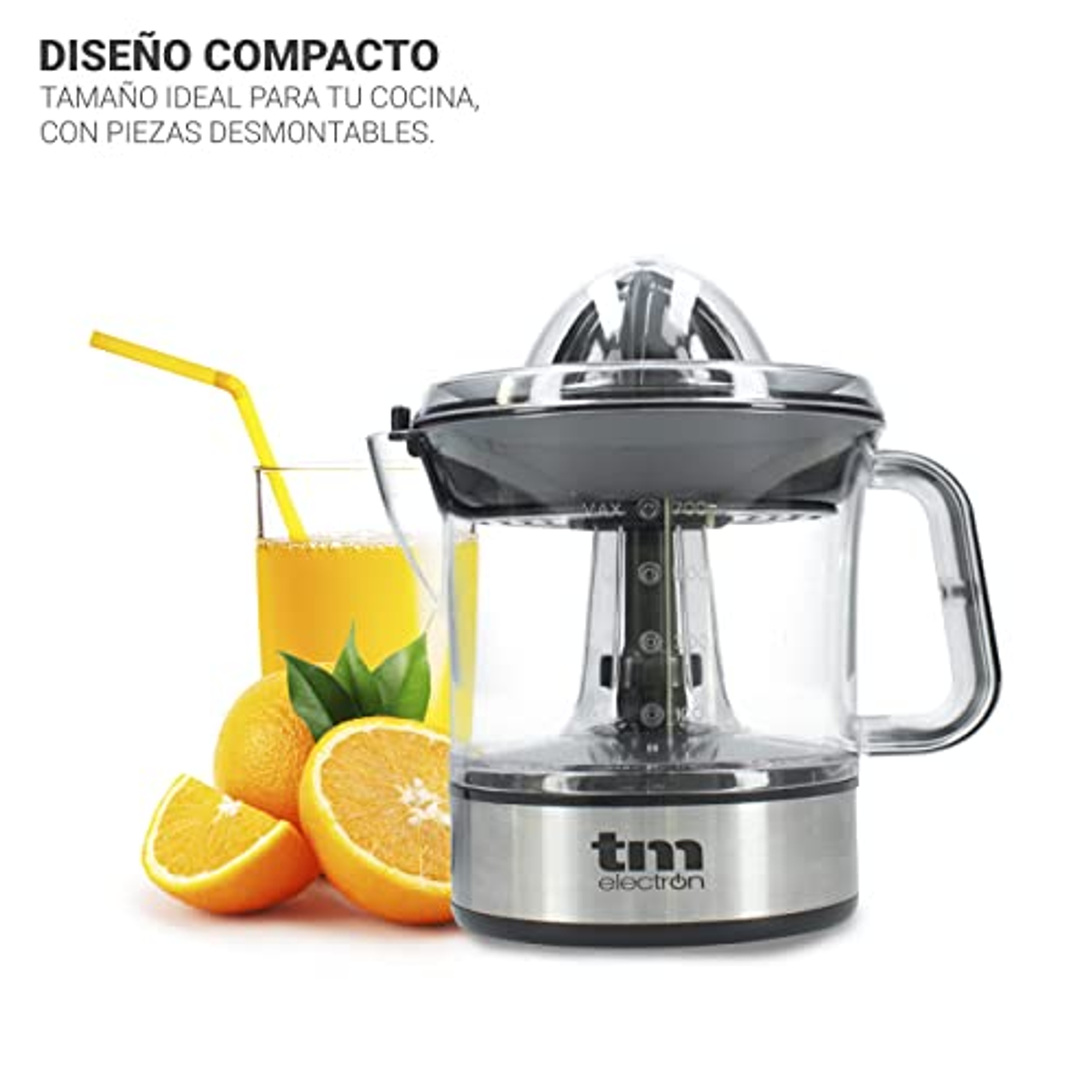 Uno spremiagrumi con arance, un bicchiere di succo e una cannuccia. Testo: “Design compatto”.