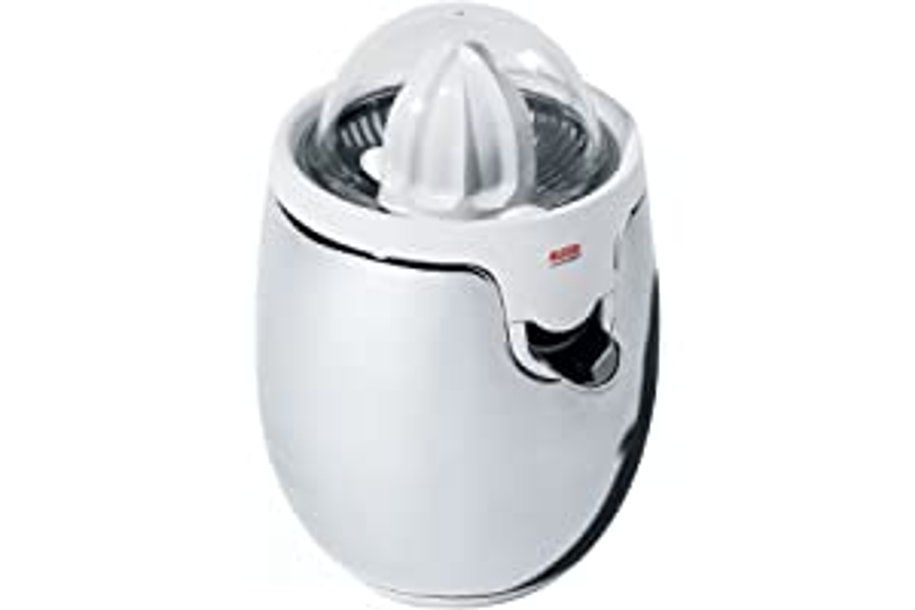 Exprimidor eléctrico de cítricos blanco y plateado con tapa transparente.