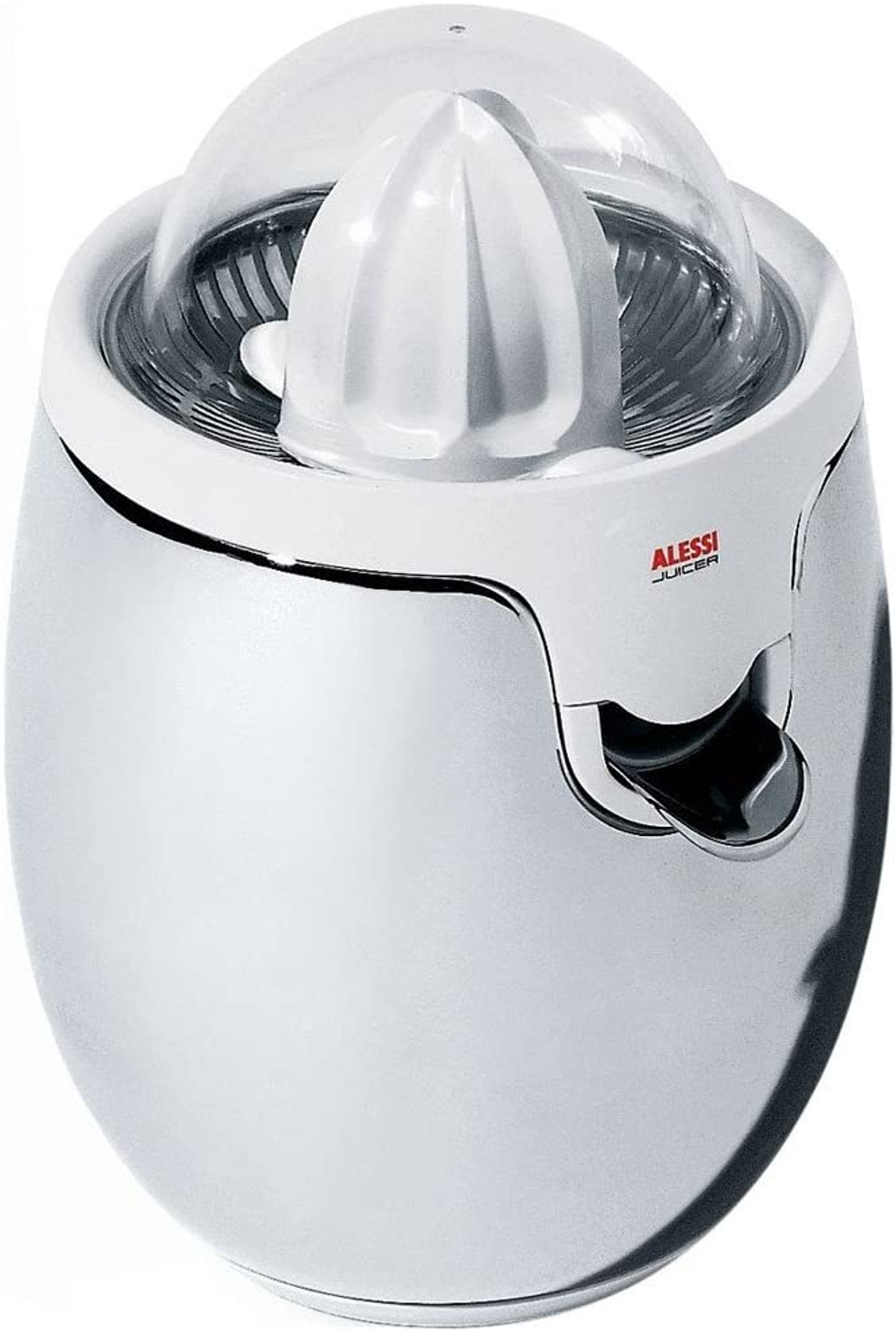Un exprimidor plateado y blanco con tapa transparente y el logotipo Alessi Juicer.