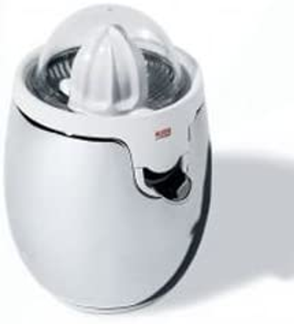 Un exprimidor eléctrico plateado y blanco. Tiene un cabezal exprimidor cónico y un cuerpo redondeado.