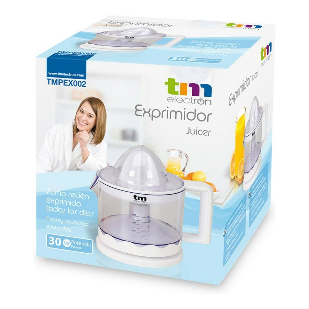 Exprimidor Grunkel blanco, un electrodoméstico con tapa transparente y cuerpo blanco.