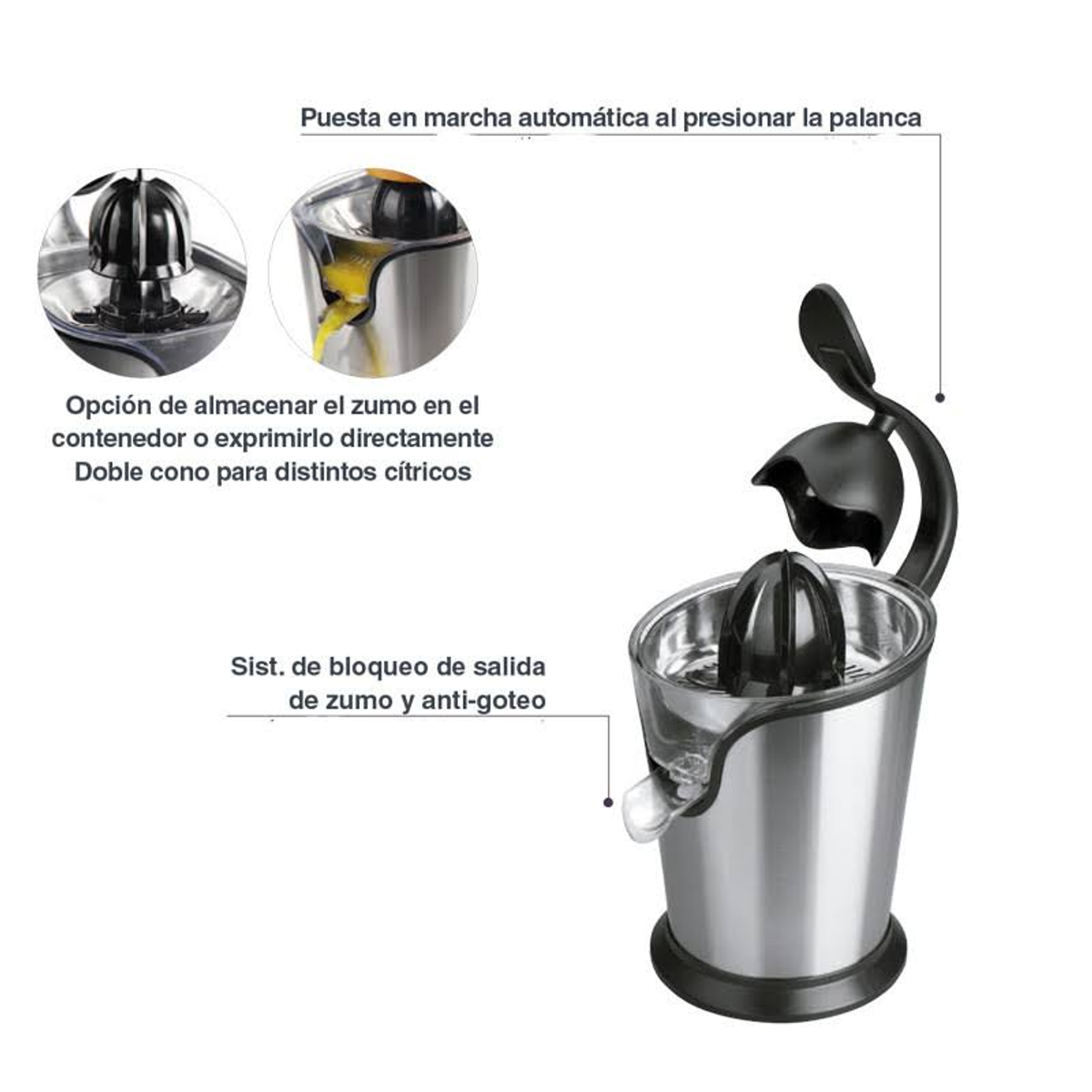 Spremiagrumi argentato con leva nera. Ha un doppio cono e un'uscita per il succo.