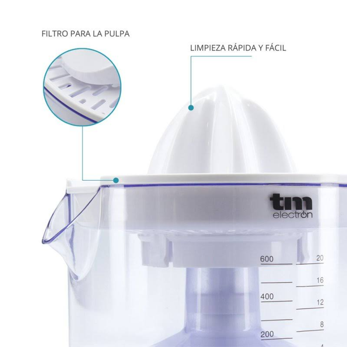Exprimidor blanco con recipiente transparente. El exprimidor tiene filtro extraíble.