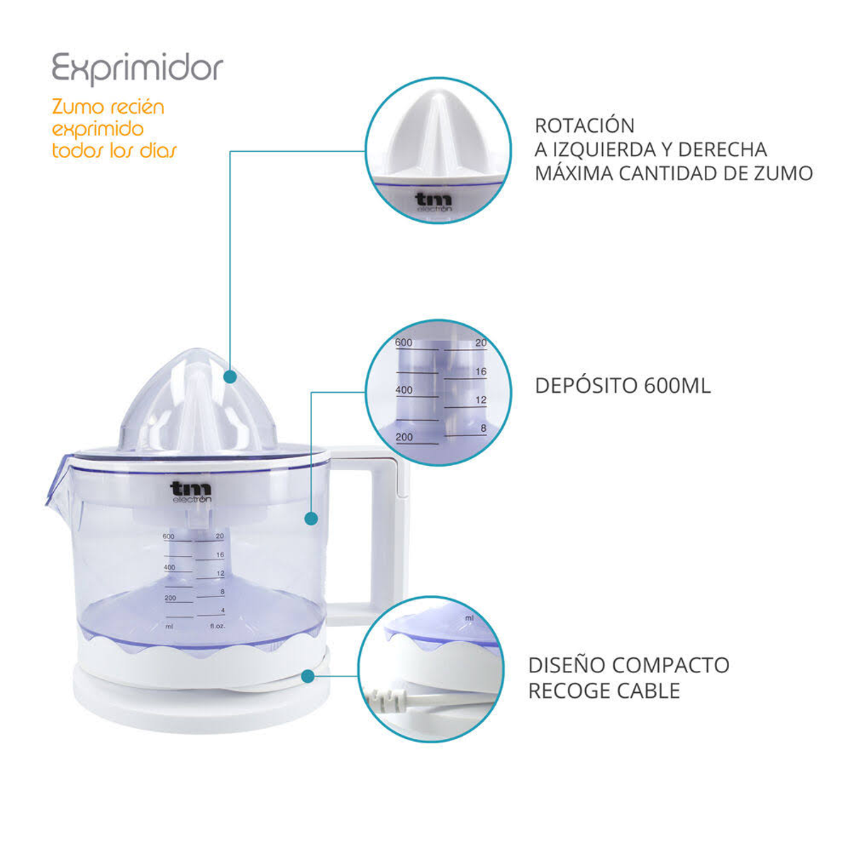 Exprimidor eléctrico. Cuerpo de plástico transparente, base blanca. Incluye rotación, depósito de 600 ml y diseño compacto.