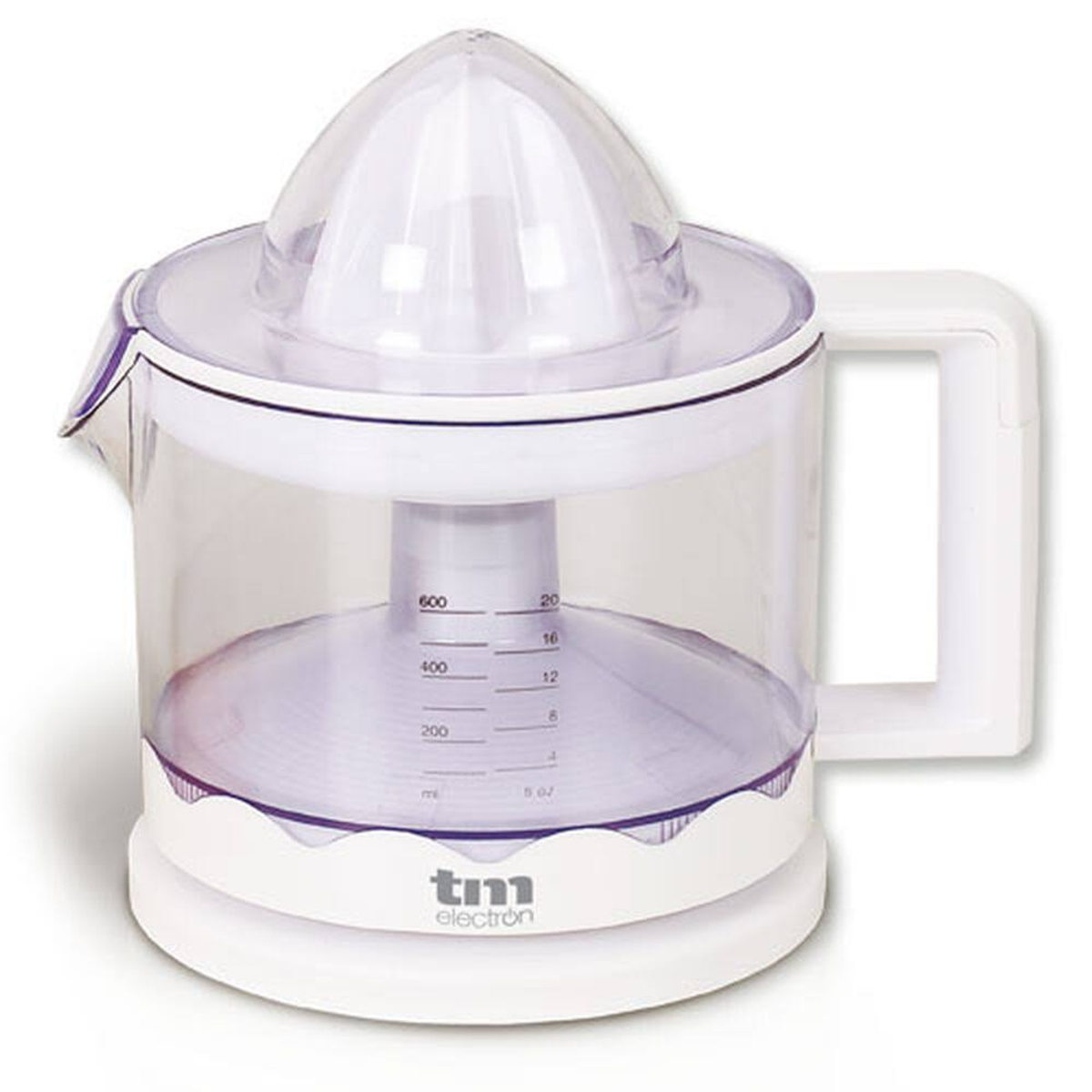 Exprimidor de cítricos blanco con un recipiente transparente y un asa.