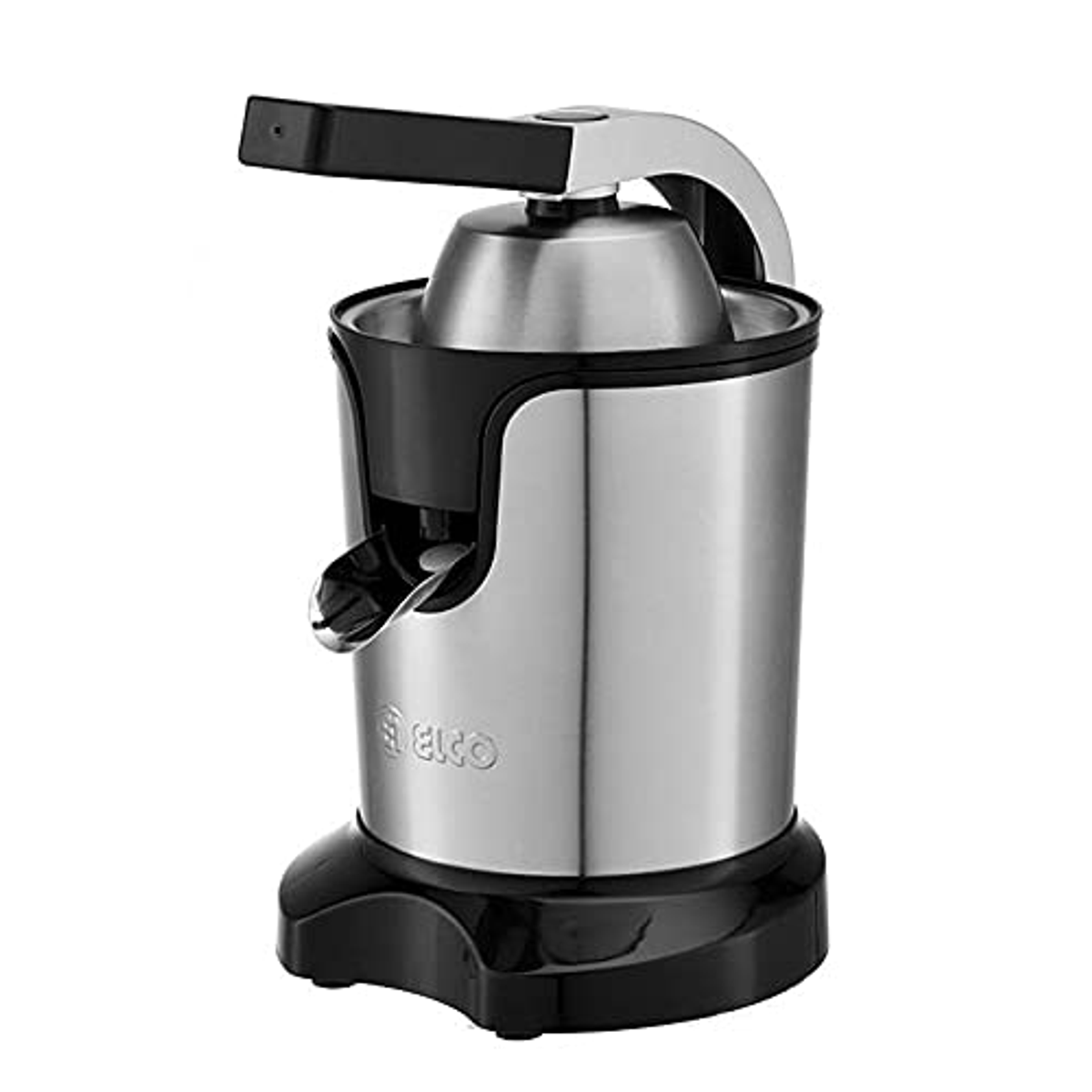 Exprimidora eléctrica plateada y negra. Tiene una boquilla y una base negra. Marca Elco.