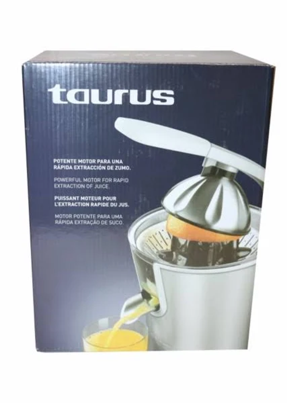 Caja de exprimidora con marca Taurus. Muestra una exprimidora y un vaso de zumo, con texto en varios idiomas.