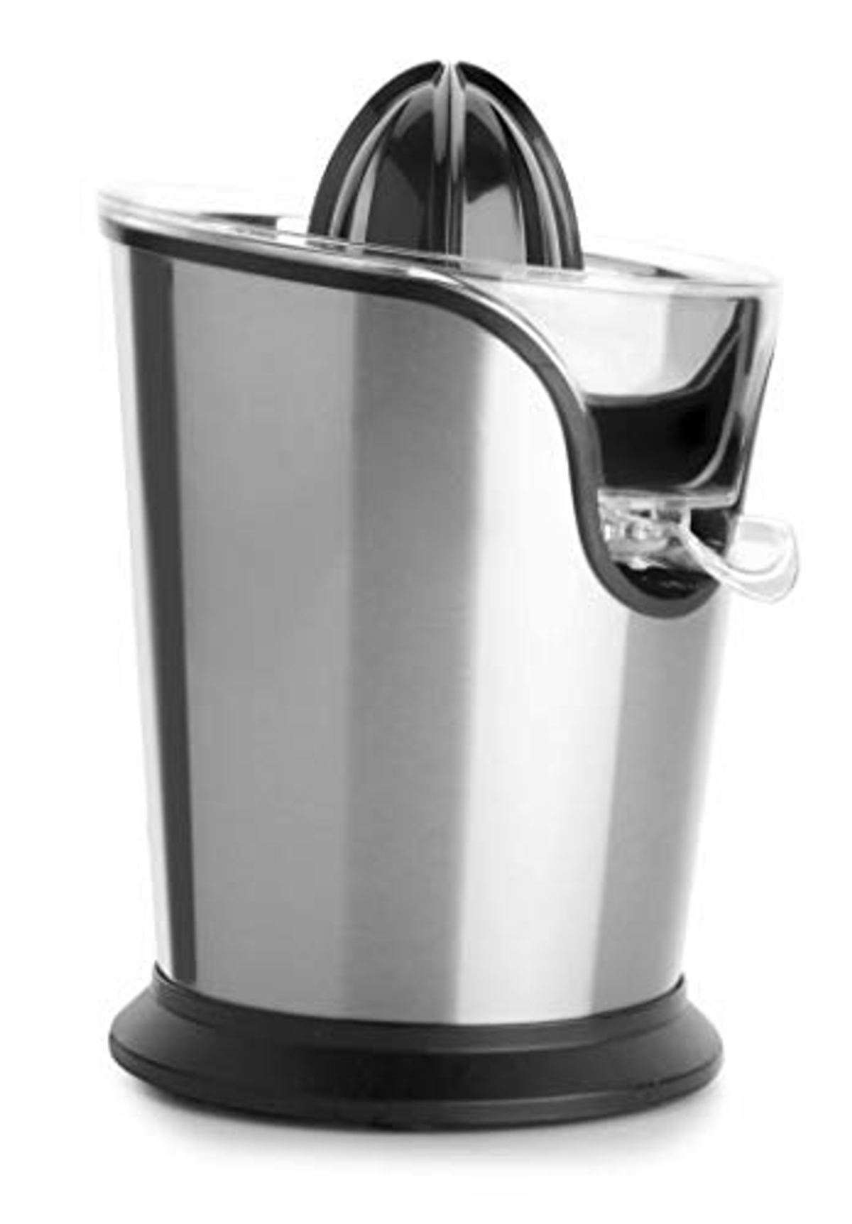 Uno spremiagrumi in acciaio inossidabile con un cono nero e un contenitore trasparente per il succo.