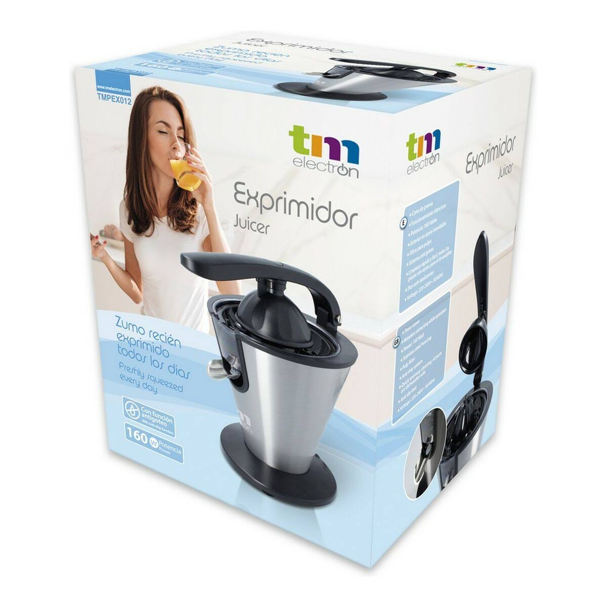 Spremiagrumi elettrico su scatola bianca. Una donna beve succo. La scatola dice 'Exprimidor Juicer'.