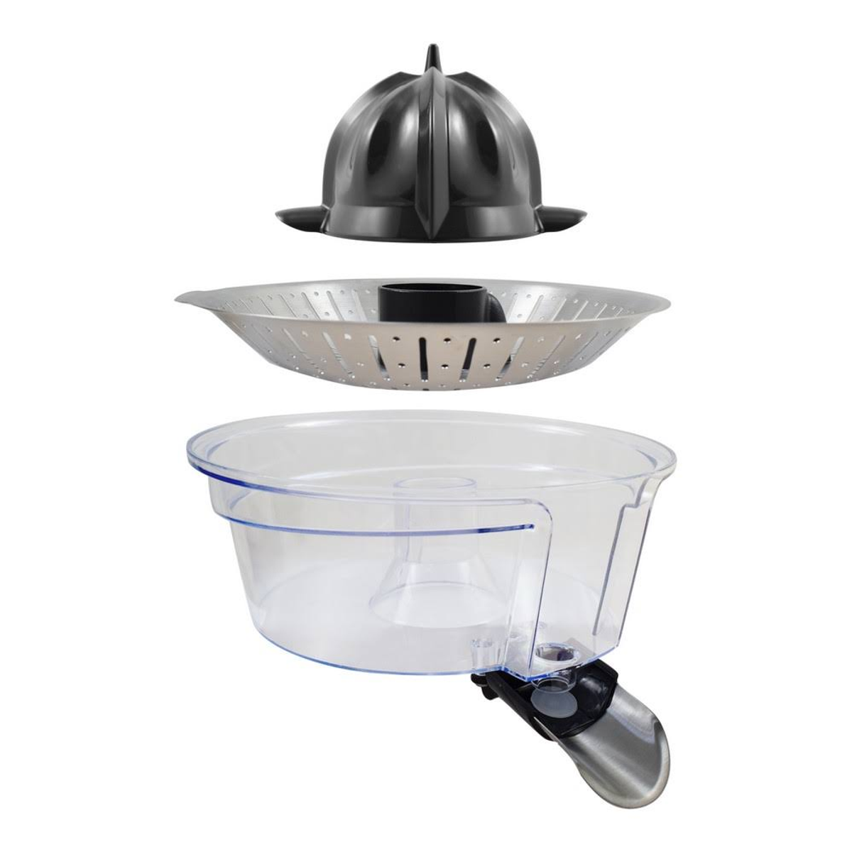 Parti dello spremiagrumi smontate. Include un cono nero, un filtro e un contenitore per il succo trasparente.