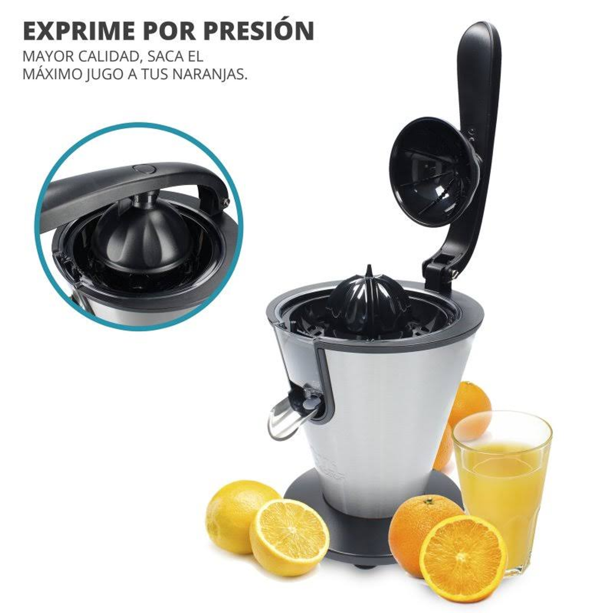 Spremiagrumi con arance e limoni. Un bicchiere di succo a destra. L'immagine ha testo in spagnolo.