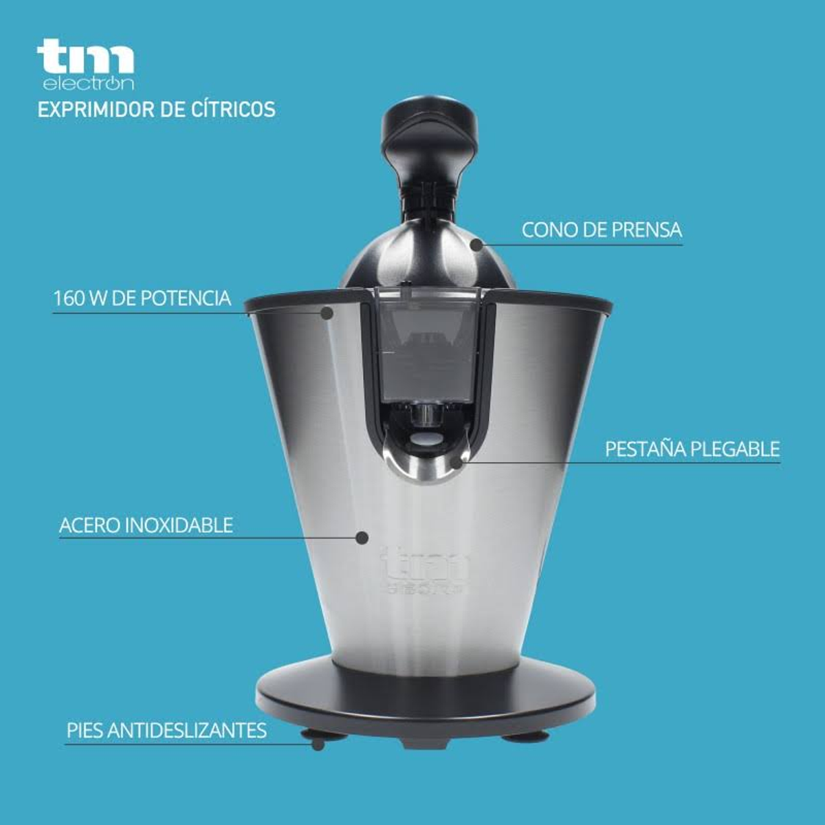 Spremiagrumi in acciaio inox con etichette. Base nera e cono di pressione.