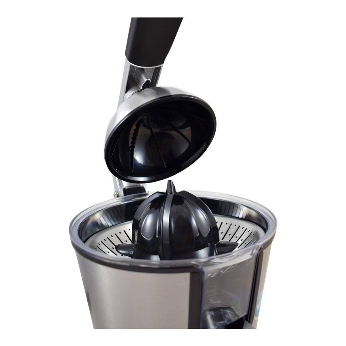 Spremiagrumi aperto con cono nero e interno in acciaio inox.