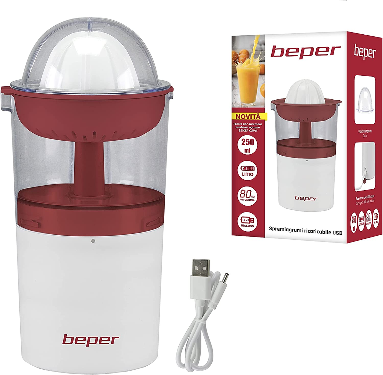 Spremiagrumi bianco e rosso con scatola, cavo USB e sfondo bianco.