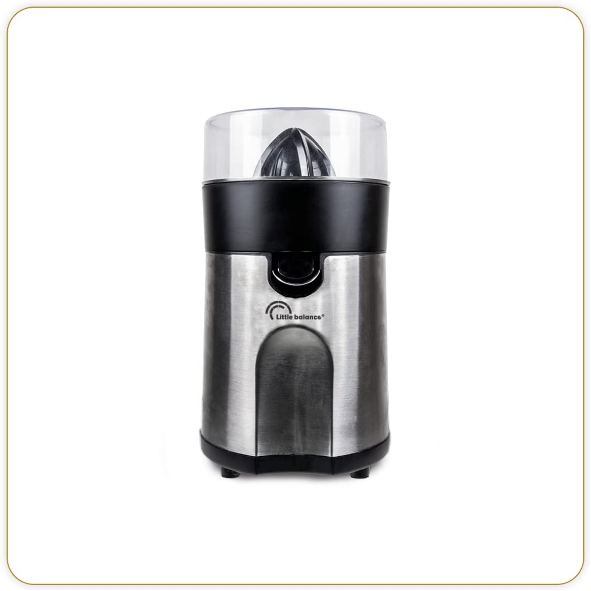 Piccolo spremiagrumi argento e nero con coperchio trasparente, marchio Little Balance.