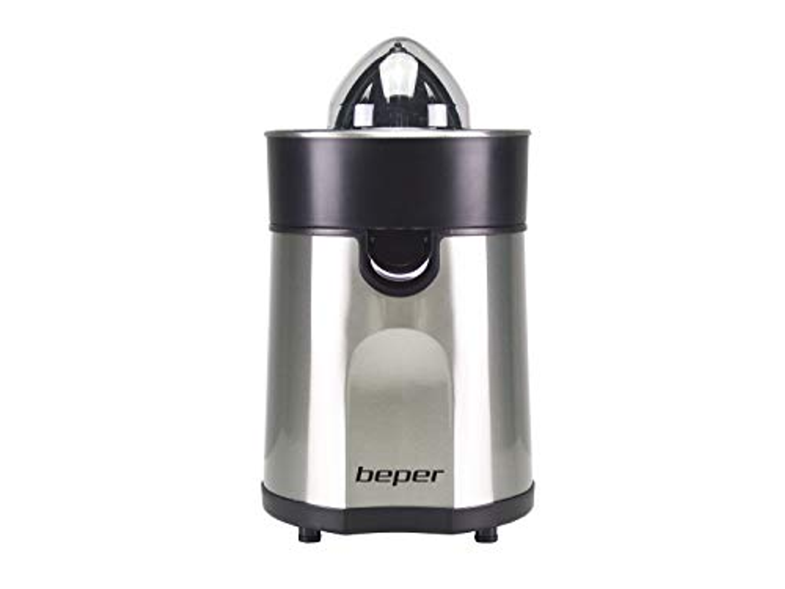 Spremiagrumi Beper in acciaio inox, parte superiore nera, base bianca.