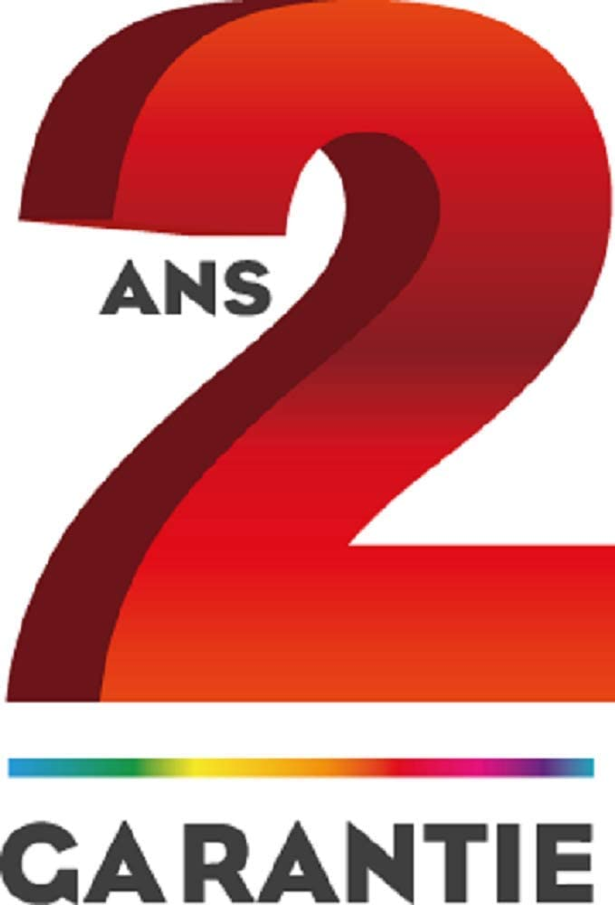 Un numero 2 rosso con la parola 'ANS' e 'GARANTIE' sotto, con una linea arcobaleno.