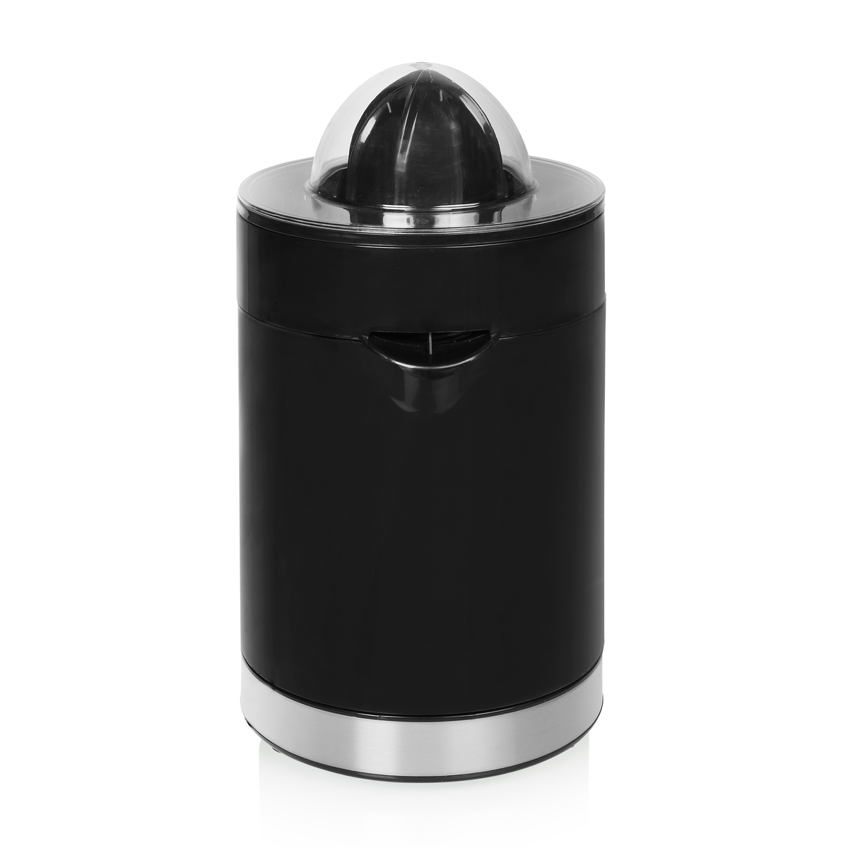 Czarna elektryczna wyciskarka do cytrusów. Ma przezroczystą górę i srebrną podstawę.