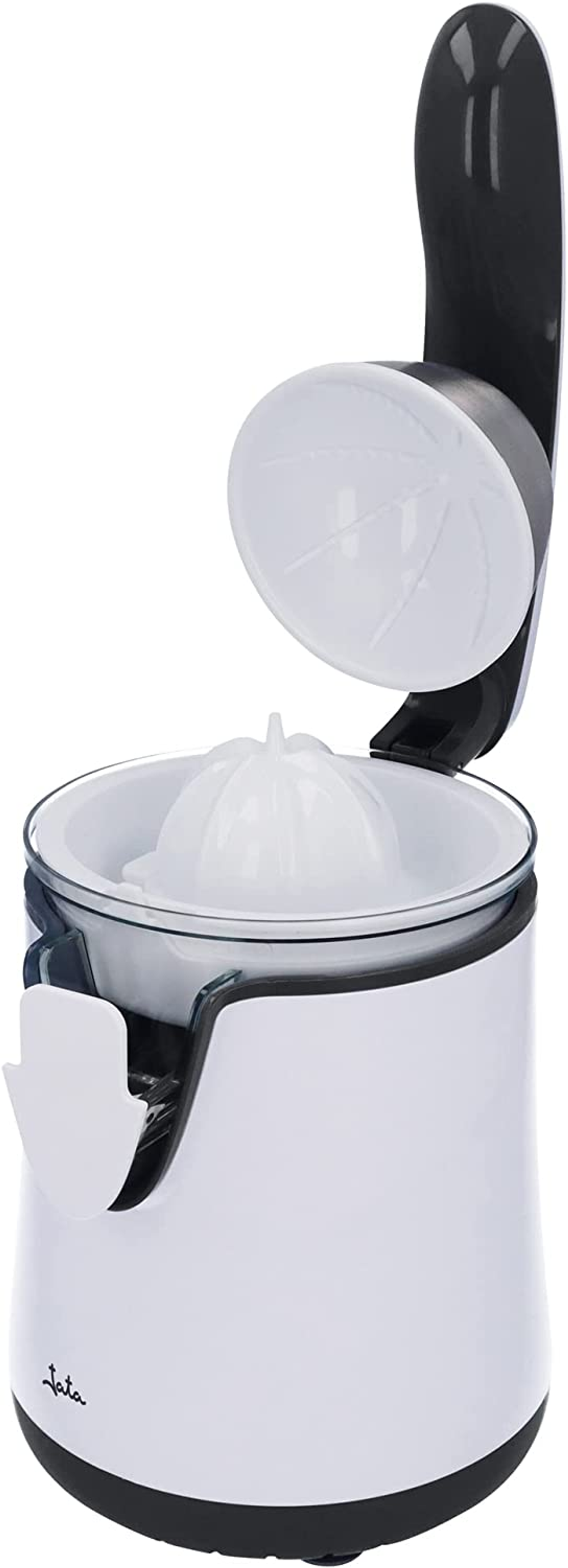 Exprimidora blanca con tapa negra. La tapa está abierta. Un reamer de cítricos blanco dentro.