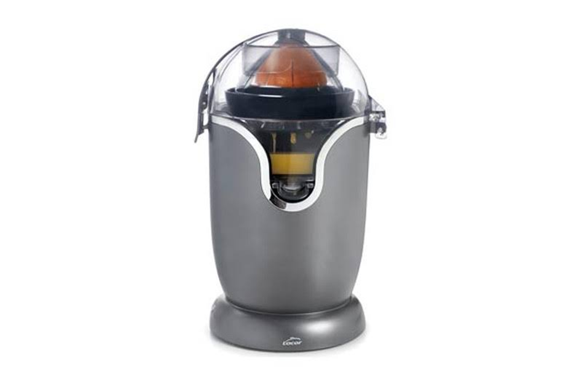 Uno spremiagrumi elettrico grigio con coperchio trasparente, su sfondo bianco.