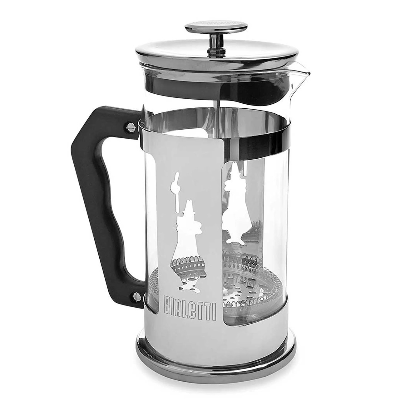 Eine French-Press-Kaffeemaschine mit Glasbehälter, Edelstahlbasis und schwarzem Griff, mit Logo.
