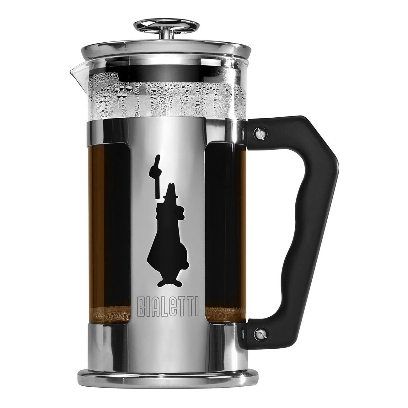 Eine French-Press-Kaffeemaschine, halb mit Kaffee gefüllt. Sie hat einen Glasbehälter, Edelstahlbasis und schwarzen Griff.