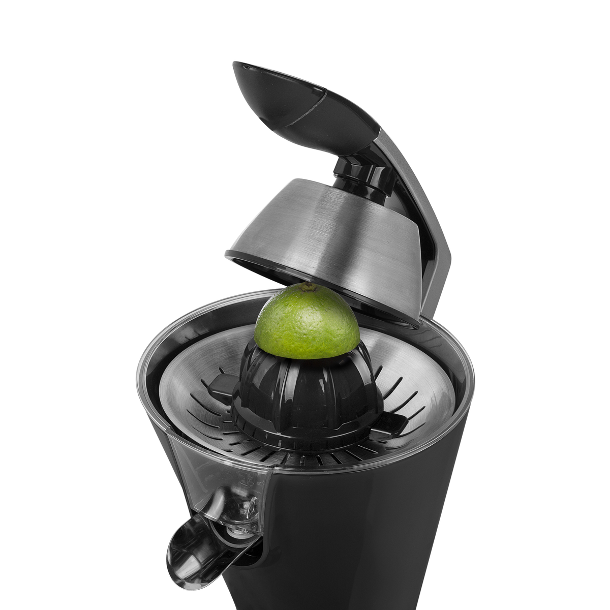 Czarno-srebrna wyciskarka z limonką w środku, na białym tle.