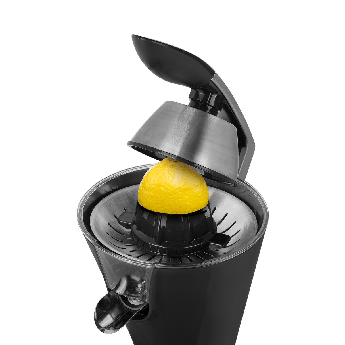 Czarno-srebrna wyciskarka do cytrusów z cytryną w środku.