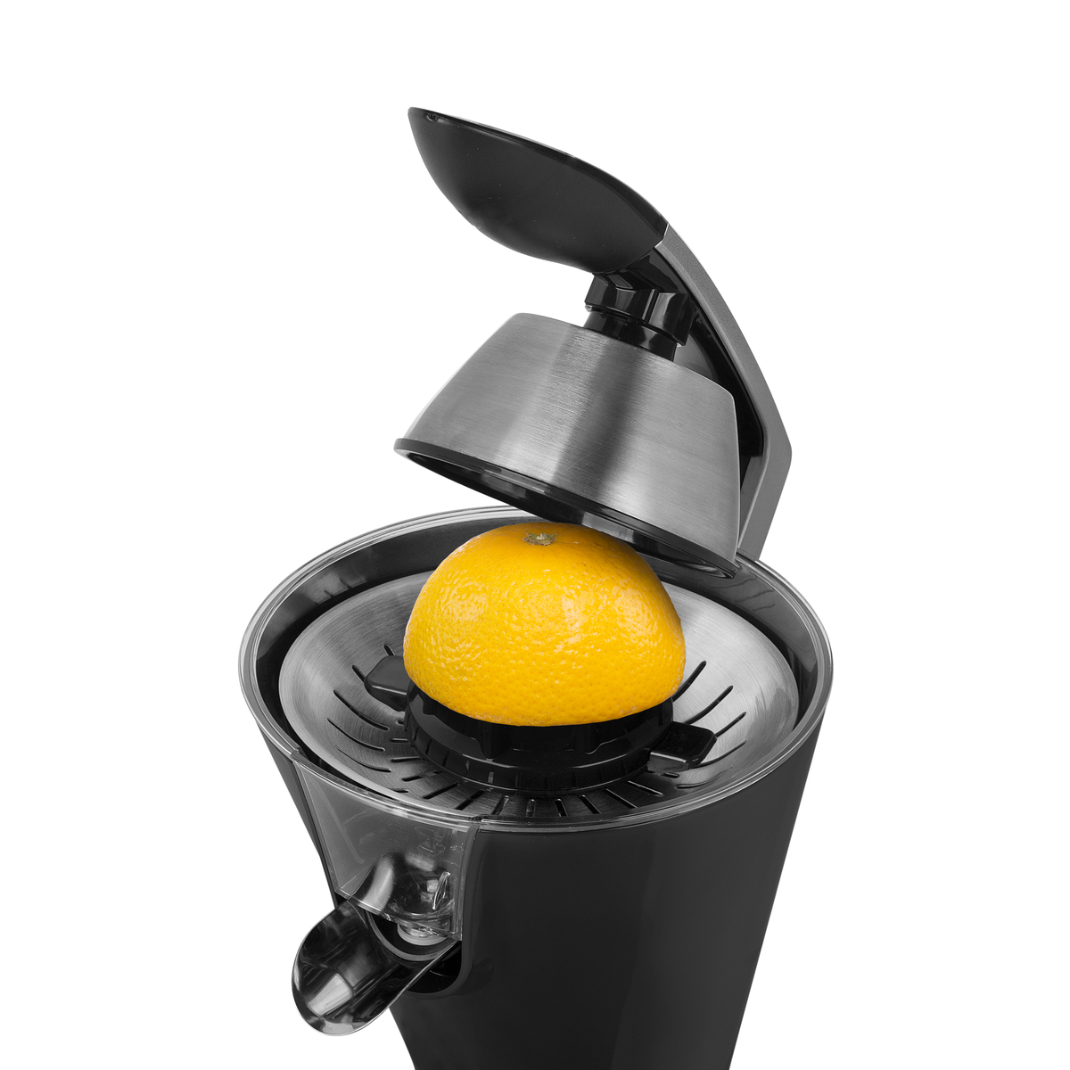Wyciskarka z cytryną w środku na białym tle.