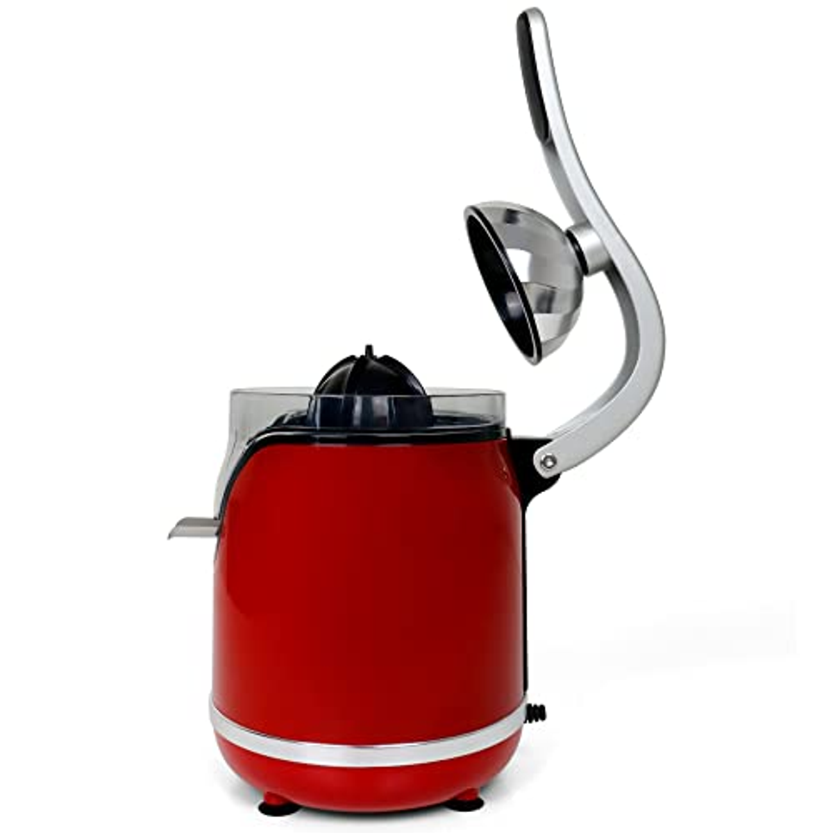 Exprimidor eléctrico de cítricos rojo y plateado, abierto, sobre fondo blanco.