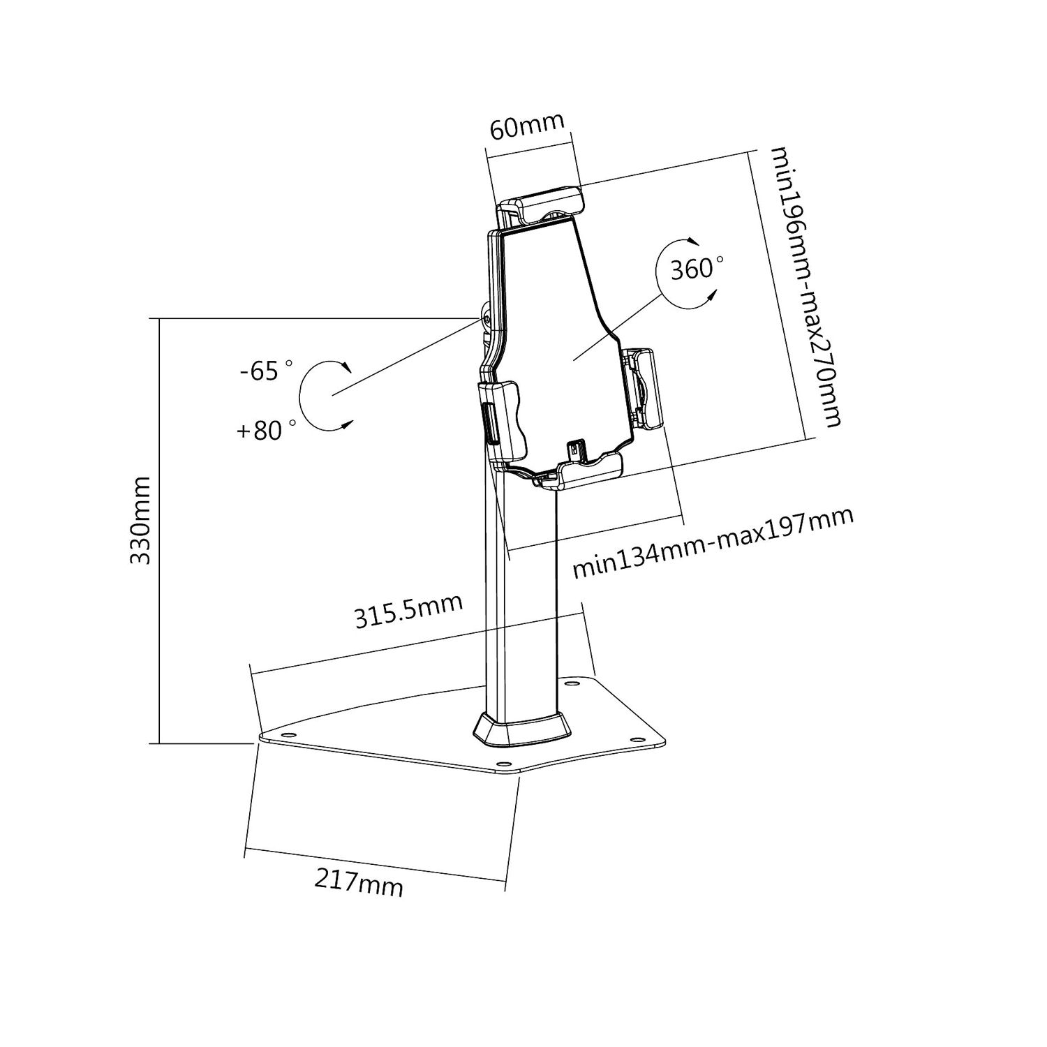 Un dessin technique d'un appareil avec des dimensions, des angles et des indicateurs de mesure.