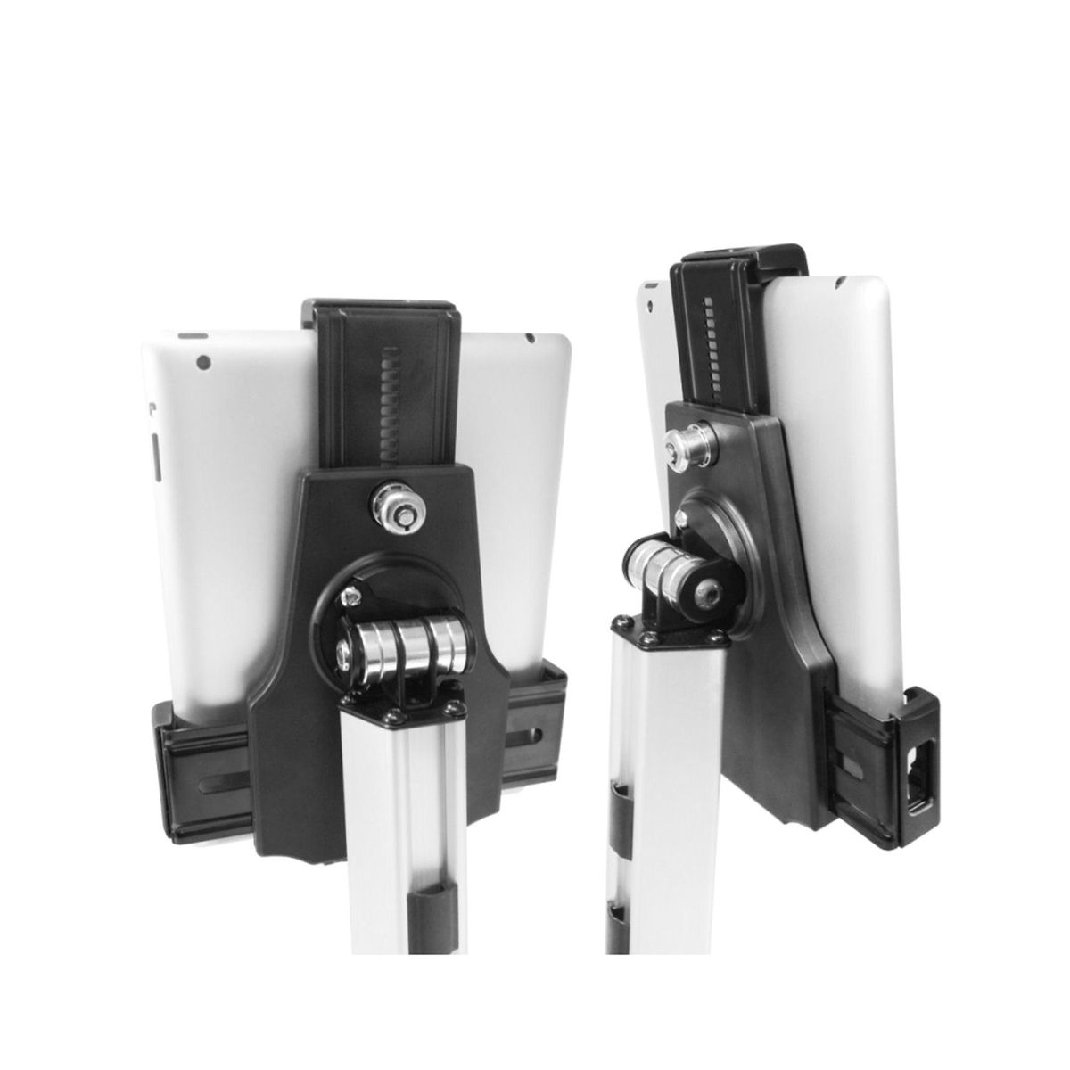 Supports de tablettes. Deux supports de tablettes fixés à des supports, montrant l'arrière de la tablette.