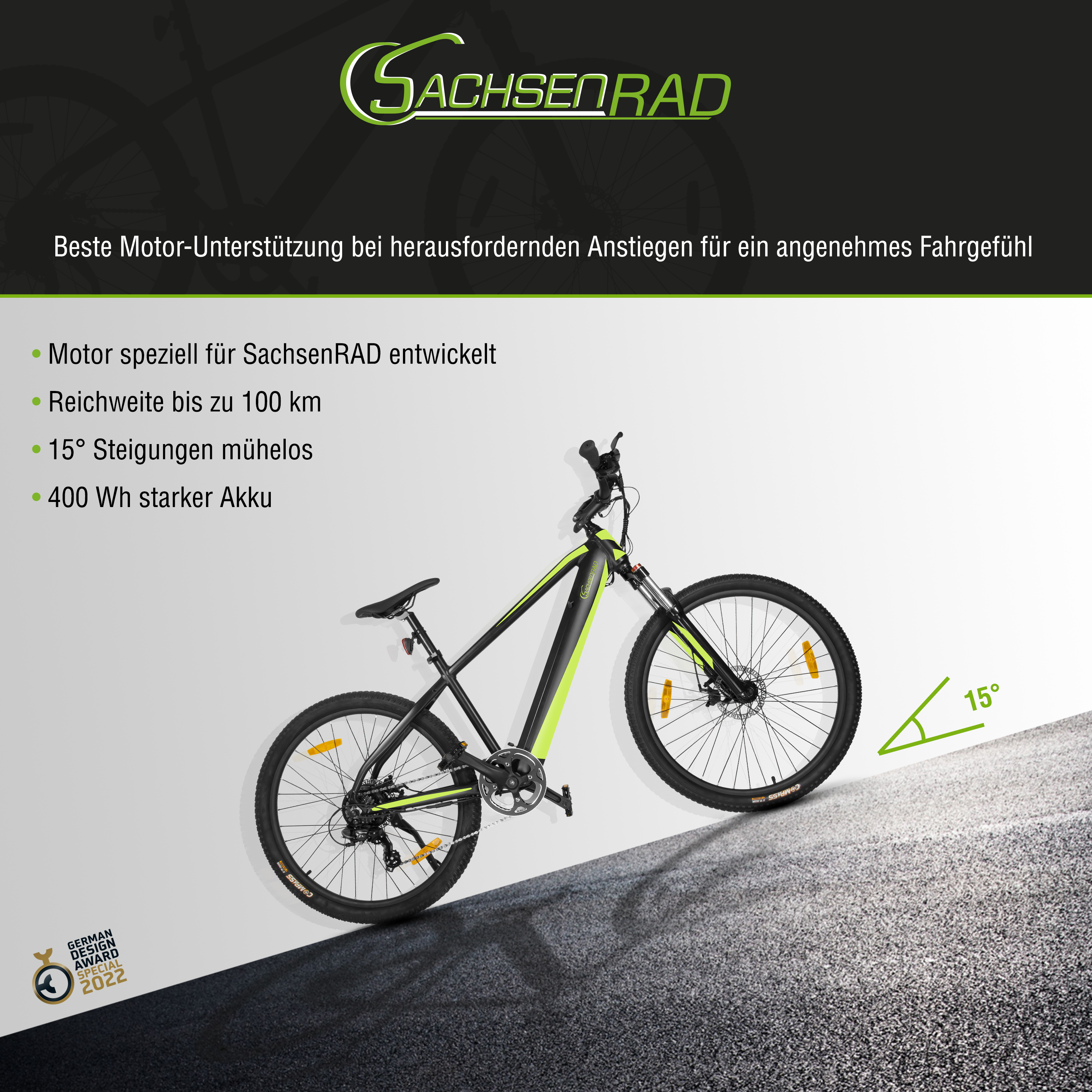 Ein schwarzes und neongrünes Fahrrad auf einer schrägen Fläche mit Text zu den Funktionen.
