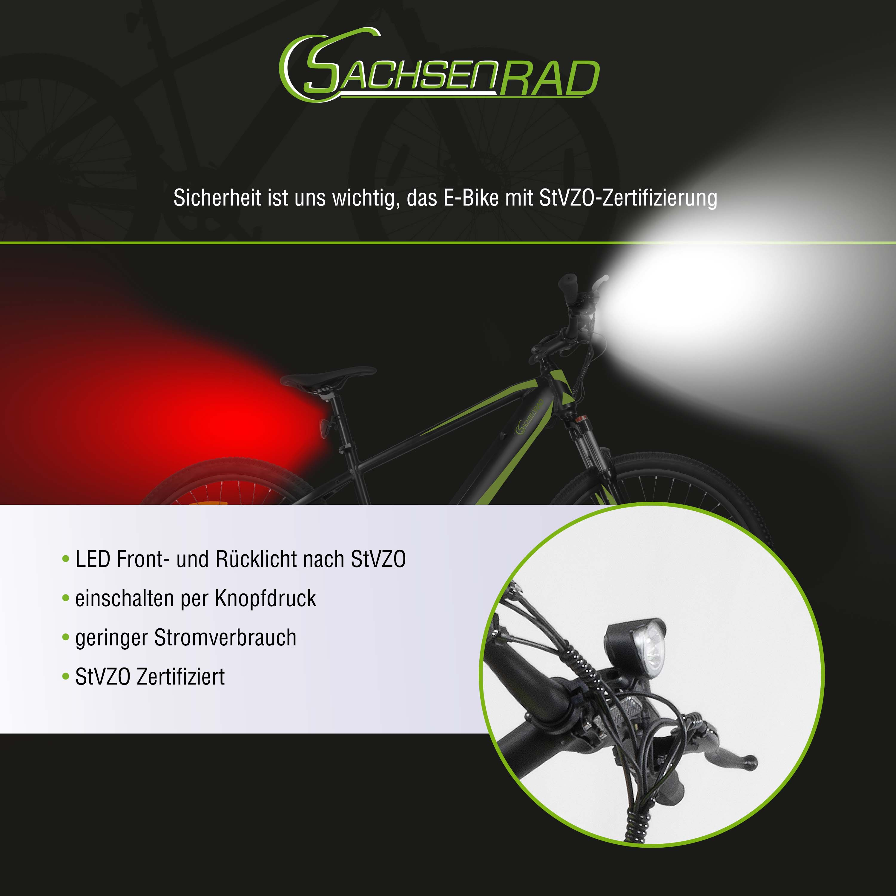 Ein schwarz-grünes Elektrofahrrad mit hellem Scheinwerfer und rotem Rücklicht.