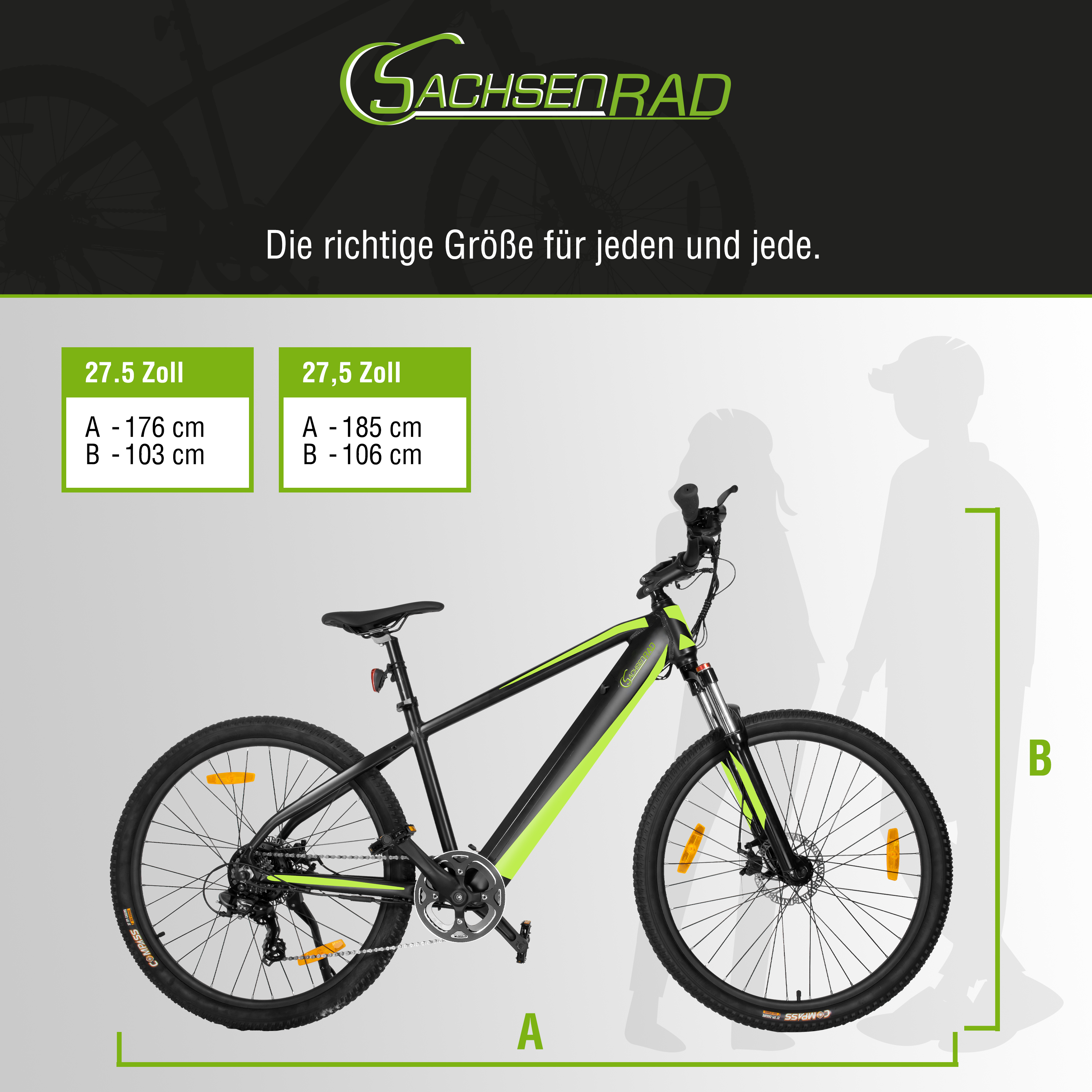 Ein schwarz-grünes Fahrrad mit Größenangaben, Text und einer Personensilhouette.