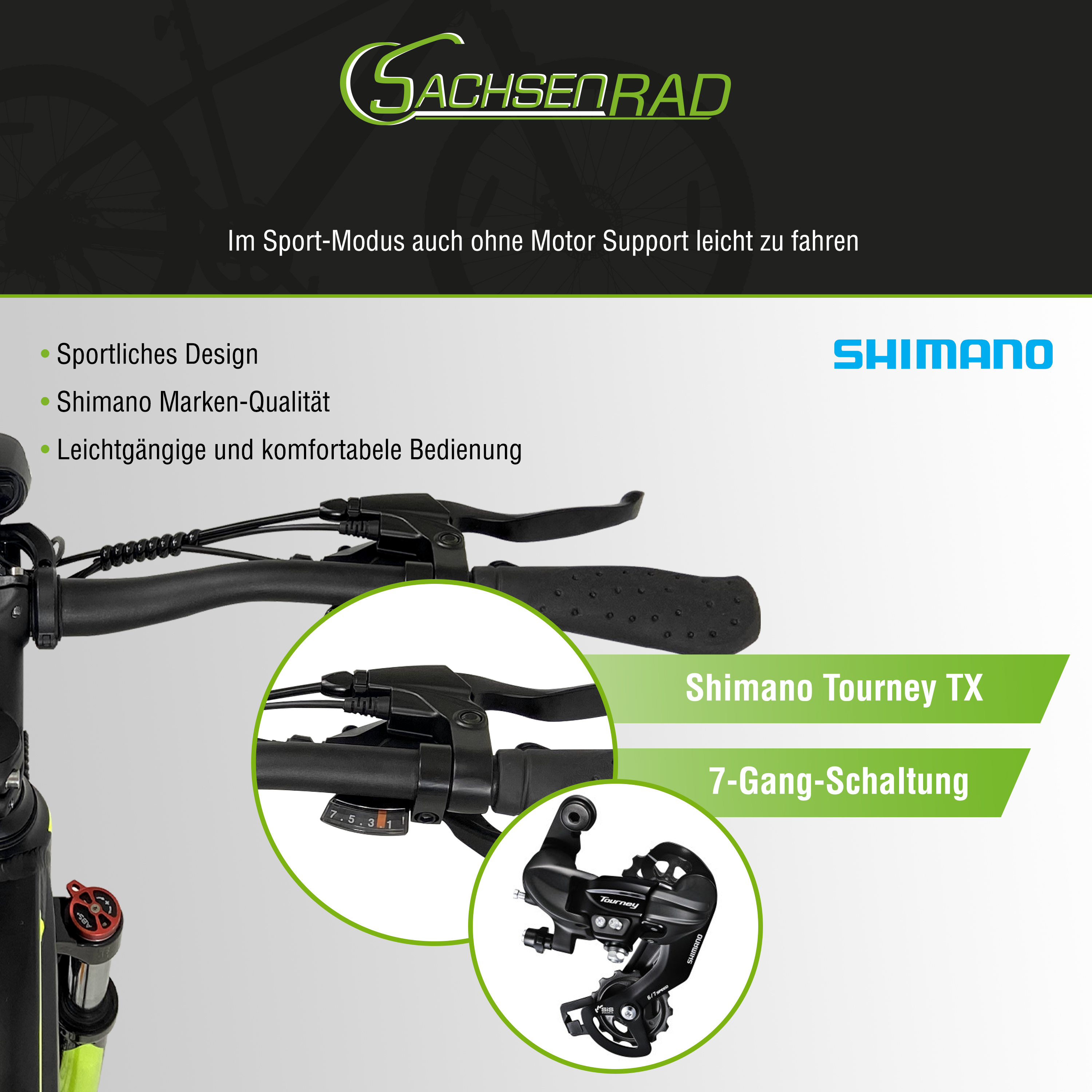 Nahaufnahme Fahrradkomponenten. Text auf Deutsch beschreibt Shimano-Funktionen.