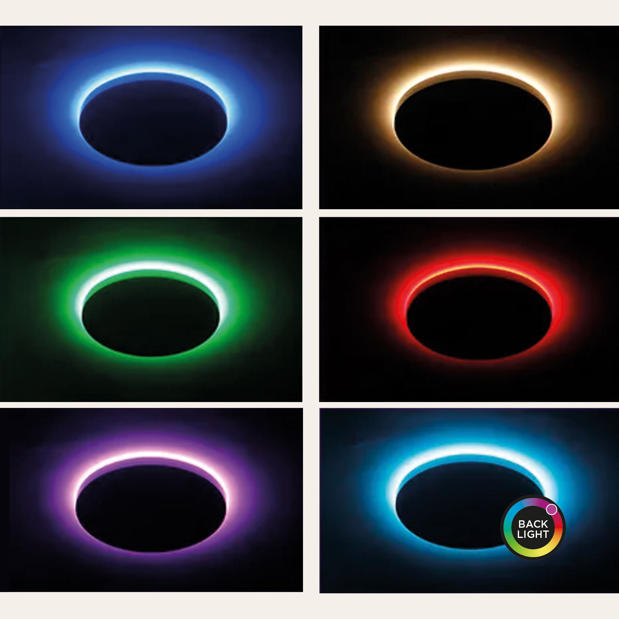 Seria okrągłych świateł w różnych kolorach na czarnym tle.